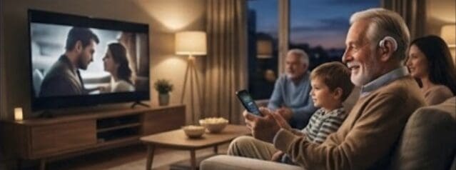 A family watching TV together at home, one member wearing a hearing aid, in sync with AiFi Clear Voice