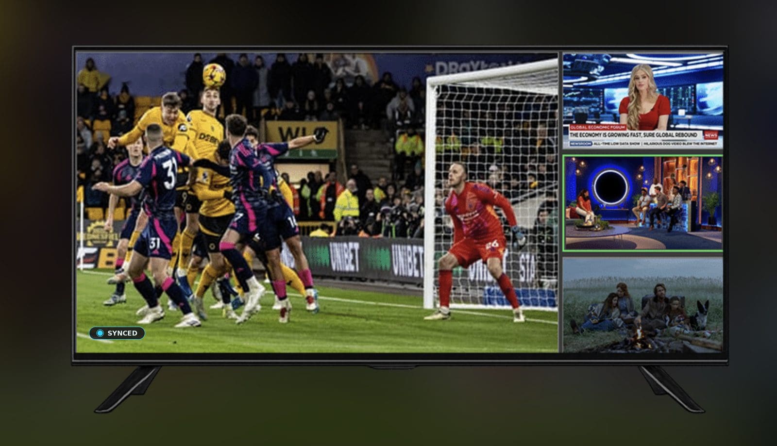 AiFi multiview: four live feeds on one TV, each viewer hears the game they pick, in sync with the screen